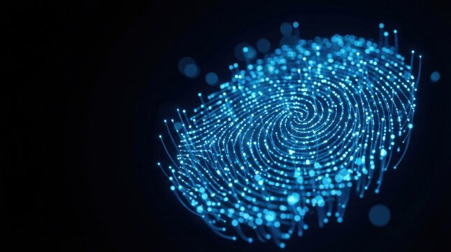 3D illustration of a fingerprint composed of glowing blue digital dots and fiber optic lines. Concept of biometric security, identity verification, cyber protection and personal data access.