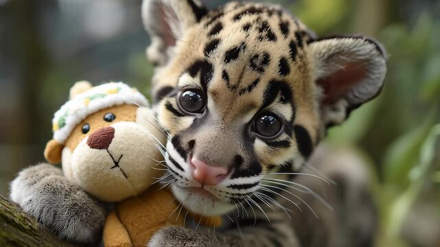 A baby tiger is holding a stuffed animal. The stuffed animal is brown and has a white hat on it. Clouded Leopard cub with small festive plush toy