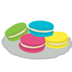 Colorful illustration of four French macarons in bright green, blue, pink, and yellow, filled with cream and placed on a simple grey plate