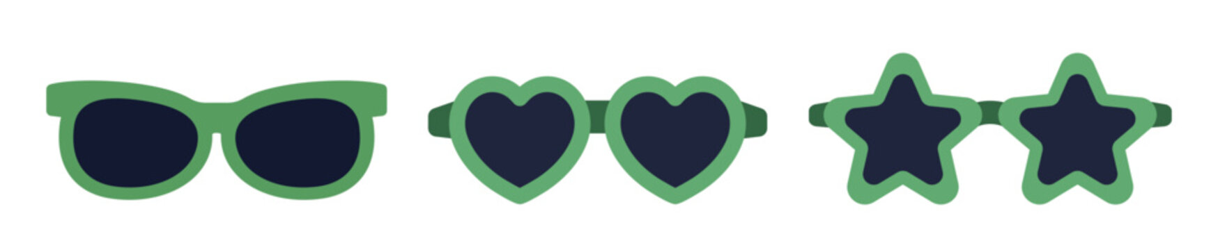 St. Patrick's Day green Party Sunglasses Glasses Flat Vector Illustration.
Saint Patricks Day Costumes Clipart.
Heart and star shaped glasses.
White background.