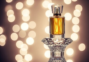 Elegant perfume bottle on a crystal stand with sparkling bokeh lights