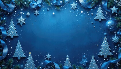 Christmas tree shapes, ribbon, and glitter on a deep blue background create a festive blue and silver decor that captures the spirit of Christmas, the New Year's celebration, and a heartfelt welcome f