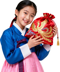 한복입은소녀가복주머니를들고웃는모습