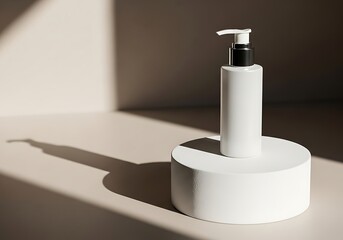 White pump bottle on a cylindrical pedestal with harsh shadows