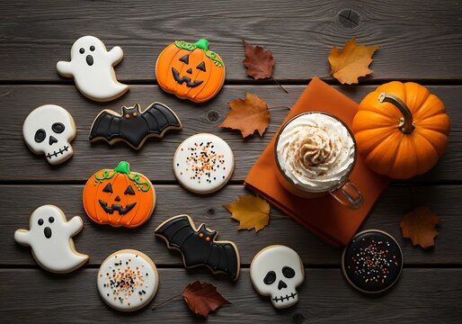 Halloween cookies, pumpkins, and autumn leaves on a rustic wooden table