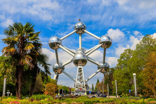 The Atomium of Brussels, a modernist building that represents a silver atom model. Originally constructed as the centrepiece of the 1958 Brussels World's Fair