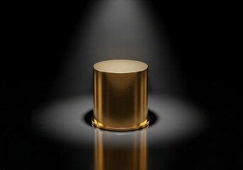 Golden cylindrical podium illuminated by a spotlight on a dark background