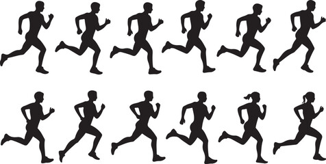 Run, set of running people, isolated vector silhouettes. Group of men and women runners