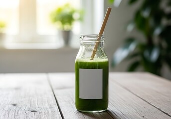 Refreshing green vegetable smoothie in a glass bottle with a straw