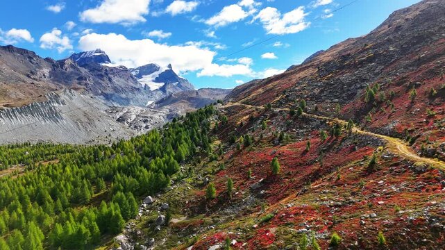 Matterhorn Glacier Trail above Zermatt, Switzerland, showing a serpentine hiking path bordered by red alpine foliage, larch trees, and rocky slopes, with ice-capped alpine summits , drone shot