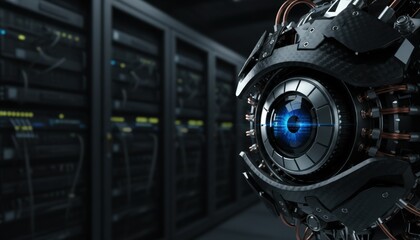 Close-up 3D illustration of a mechanical robotic eye with carbon fiber casing and a glowing blue digital lens reflecting data. Concept of surveillance, machine vision, AI monitoring and cyborgs