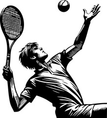 Dynamic Tennis Serve Illustration: Male Player Action Shot. Striking black and white line art capturing the power and focus of a tennis professional performing a vertical smash.