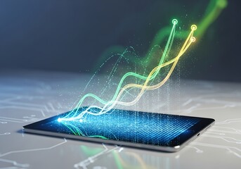 Glowing data visualization graph emerging from a modern digital tablet