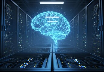 Artificial intelligence brain hologram in a futuristic data server room