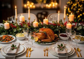 Traditional christmas dinner setting with turkey, candles, and decorations