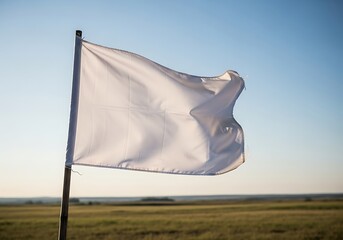 Plain white flag waving gently in the wind over a vast open field