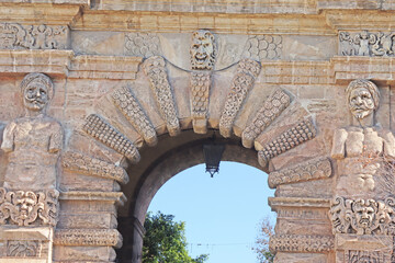 Porta Nuova, old wall city gate, statue reliefs in Palermo, Italy