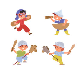 Boys dressed up in knights, sailor and pilot. Happy Kids play wooden swords, run with handmade airplane wings, looking through toy telescope in sailors hat
