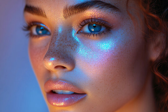 Generative AI image of fashion model with glowing neon makeup showing futuristic beauty cosmetics and closeup visage trends in modern style - Powered by Adobe
