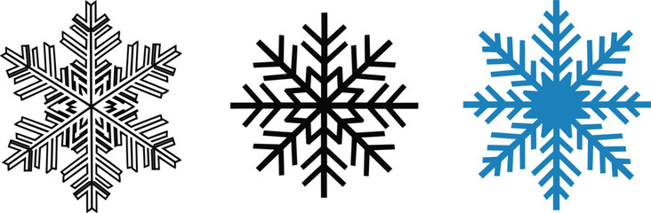Set of Three Stylized Snowflake Vector Icons in Outline, Solid Black, and Blue Colors, Representing Winter Weather, Christmas, Cold Temperatures, and Seasonal Decoration