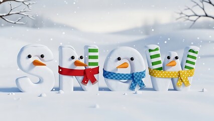 Charming snowman family decoration with festive scarves and candy cane accents in a snowy outdoor setting