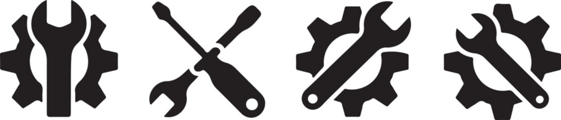 Service icons set. Wrench, screwdriver and gear icon. Screwdriver and wrench glyph icon. Settings and repair, service sign - stock vector