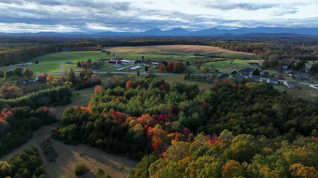 Aerial flyover colored forest near american countryside farm stead with silo storages. Cloudy and sunny day in autumn season. traffic on rural intersection road of uSA. Wide shot.