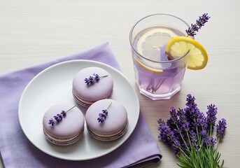 Lavender macarons and lemonade with fresh flowers on a light wooden table