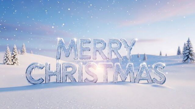 Frosted ice letters spell merry christmas in a snowy winter wonderland with twinkling stars and evergreen trees