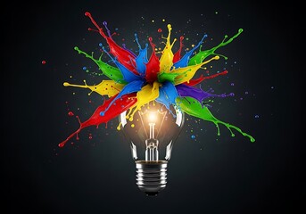 Vibrant paint splash explosion from a glowing lightbulb, creative concept