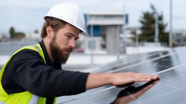 This footage showcases a technician examining solar panels. It highlights the significance of renewable energy. Perfect for projects promoting sustainability. Generative AI