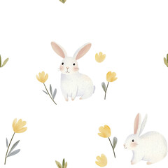 Obraz premium Seamless pattern with cute white rabbits and yellow flowers isolated on transparent background watercolor hand drawn illustration for kids design