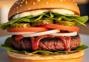 Delicious plantbased burger with fresh vegetables and sauce