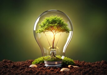 Green energy concept with tree growing inside glowing light bulb in soil