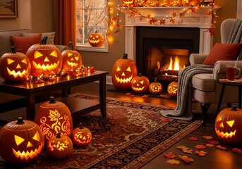 Cozy living room decorated for halloween with glowing jackolanterns and fireplace