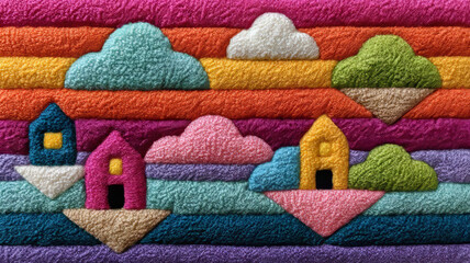 Colorful felt art with clouds and houses in vibrant layers.