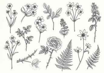 Vintage botanical illustration set of various flowers and leaves isolated on white background