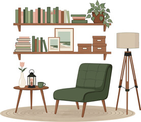 Cozy Minimalist Interior Vector Illustration of a Reading Nook with Bookshelves, Green Armchair, Tripod Floor Lamp, Potted Plant, and Decorative Side Table Elements