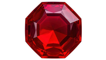 A faceted, vibrant red gemstone sparkles against a stark, black background