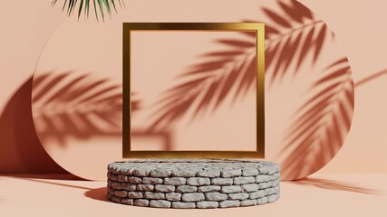 Stone Platform with Golden Frame Elegance and Sophistication Conveying High End Abstract Renderings, Innovative Technology, Avant Garde Art, or Futuristic Cities Perfect for Cooking Show.