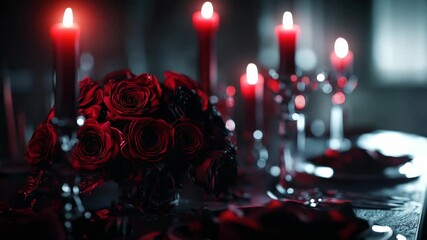 Romantic candlelit dinner setting with red roses and glowing candles creating warm intimate atmosphere - Powered by Adobe
