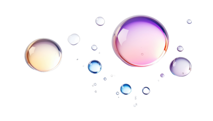 Isolated colorful transparent bubbles floating against a solid black background