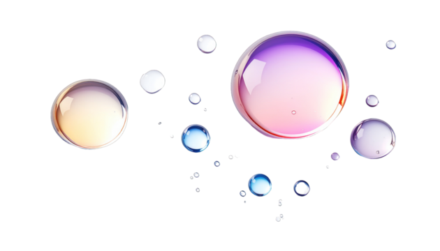 Isolated colorful transparent bubbles floating against a solid black background
