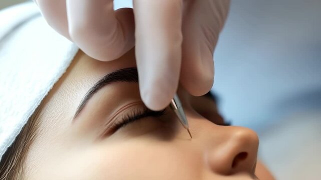 Cosmetologist performing eyebrow microblading procedure on woman face in beauty salon closeup view