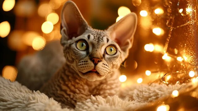 A cat is laying on a blanket with its head tilted. The cat is looking at the camera. Devon Rex cat lying beside warm fairy lights, cozy holiday setting