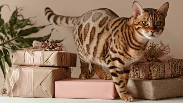 A cat is laying on top of a stack of presents. The presents are pink and white. The cat is looking at the camera. Exotic cat beside wrapped gifts, minimal holiday palette