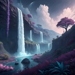 fantastic landscape with clouds and rainbow