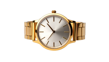 Elegant close-up of a gold wristwatch with a silver face against a black backdrop