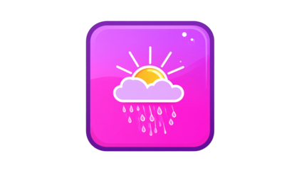 A weather forecast icon depicting rain, sun, and clouds in a purple square