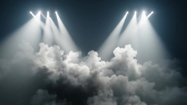 Moving cinematic volumetric light beams piercing through dense atmospheric smoke and fog creating undefined abstract shapes suggesting a mysterious energy source science, power, mysterious